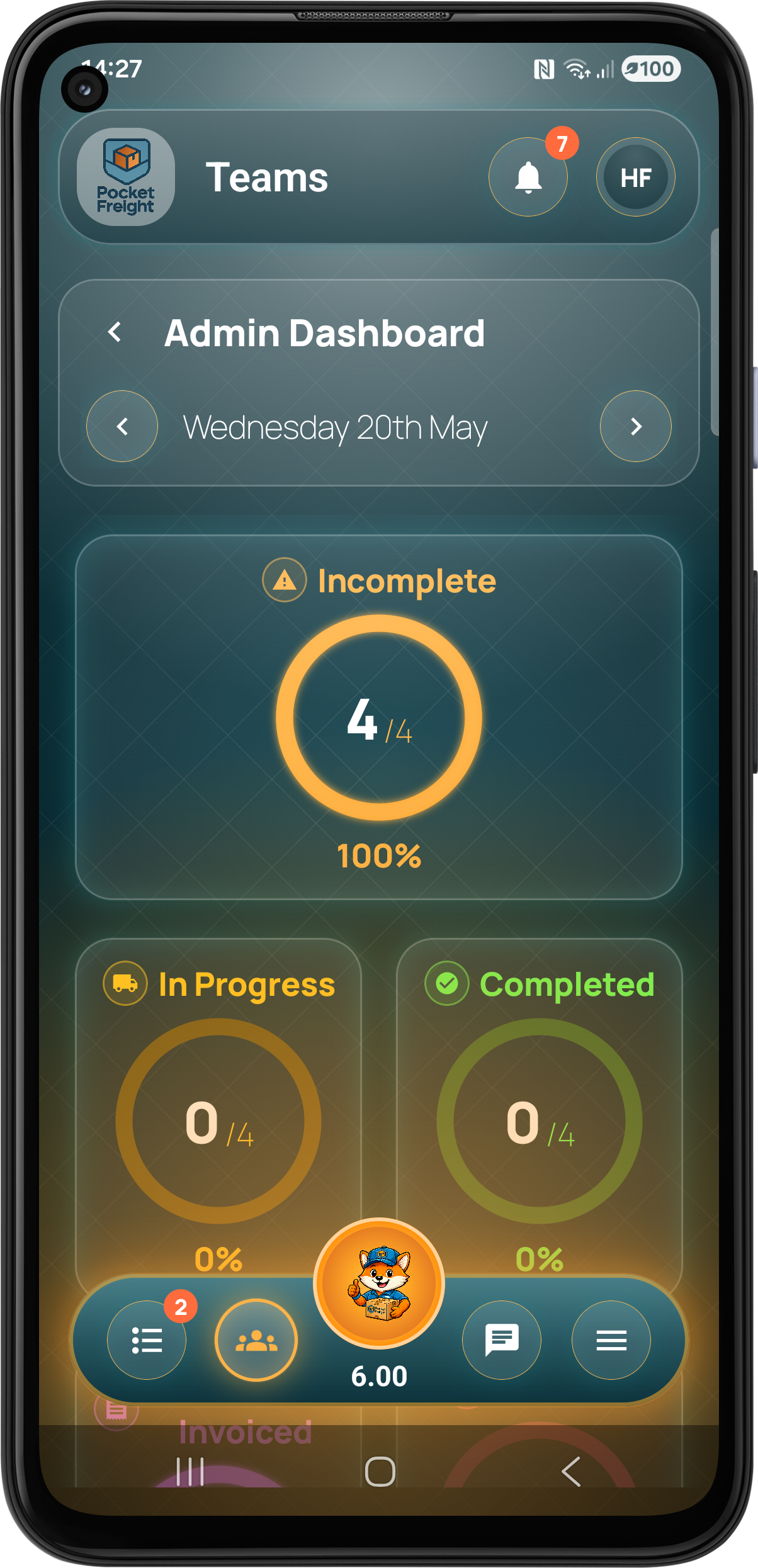 Pocket Freight admin dashboard app screen